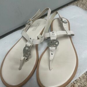 Michael Kors Cream Leather T-Strap Sandals with MK Logo